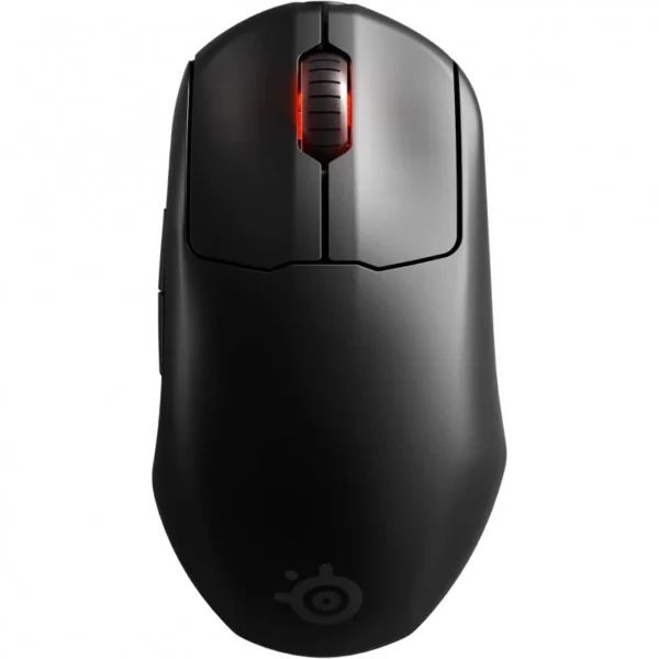 a black computer mouse with a red light